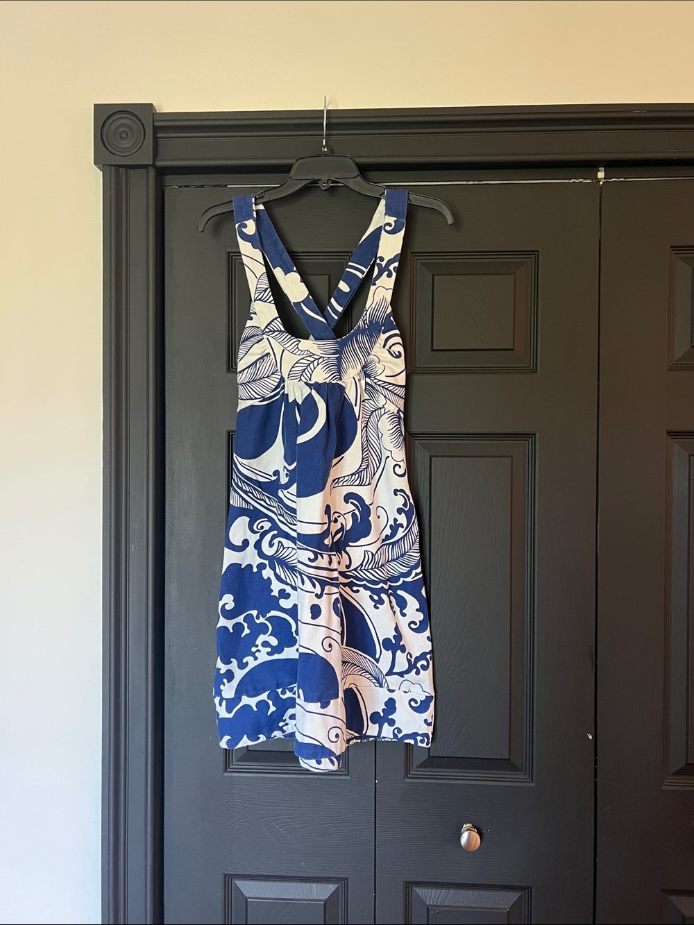 Blue & White Printed Mini Dress with Cross-Back Straps